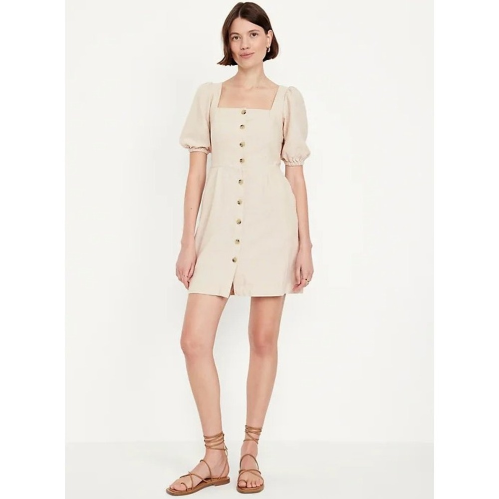 Old Navy Puff Sleeve Linen Blend Mini Dress Beige Neutral Button Front Size M‎